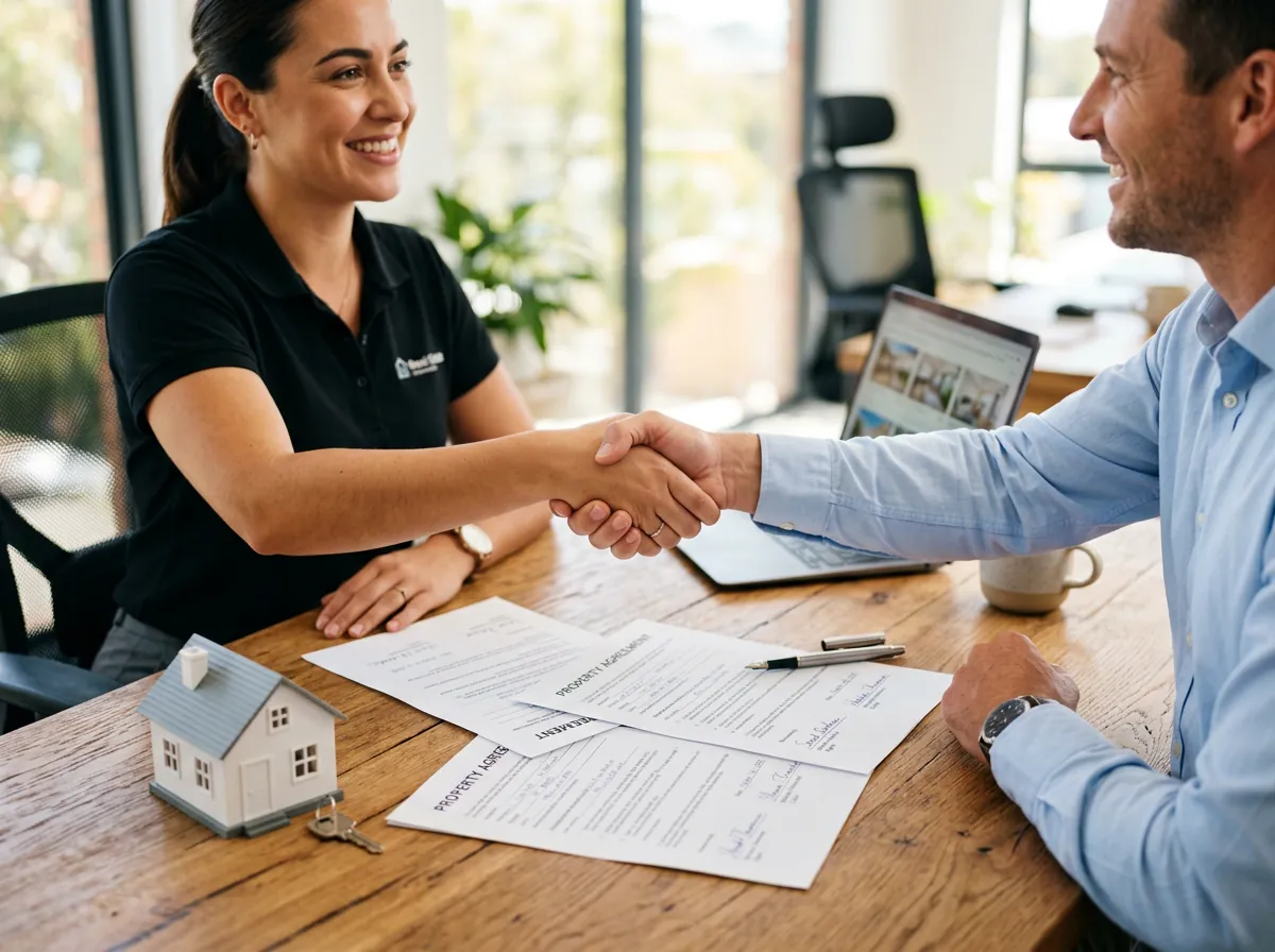 Asesora inmobiliaria cerrando un acuerdo con un cliente sobre un escritorio con documentos