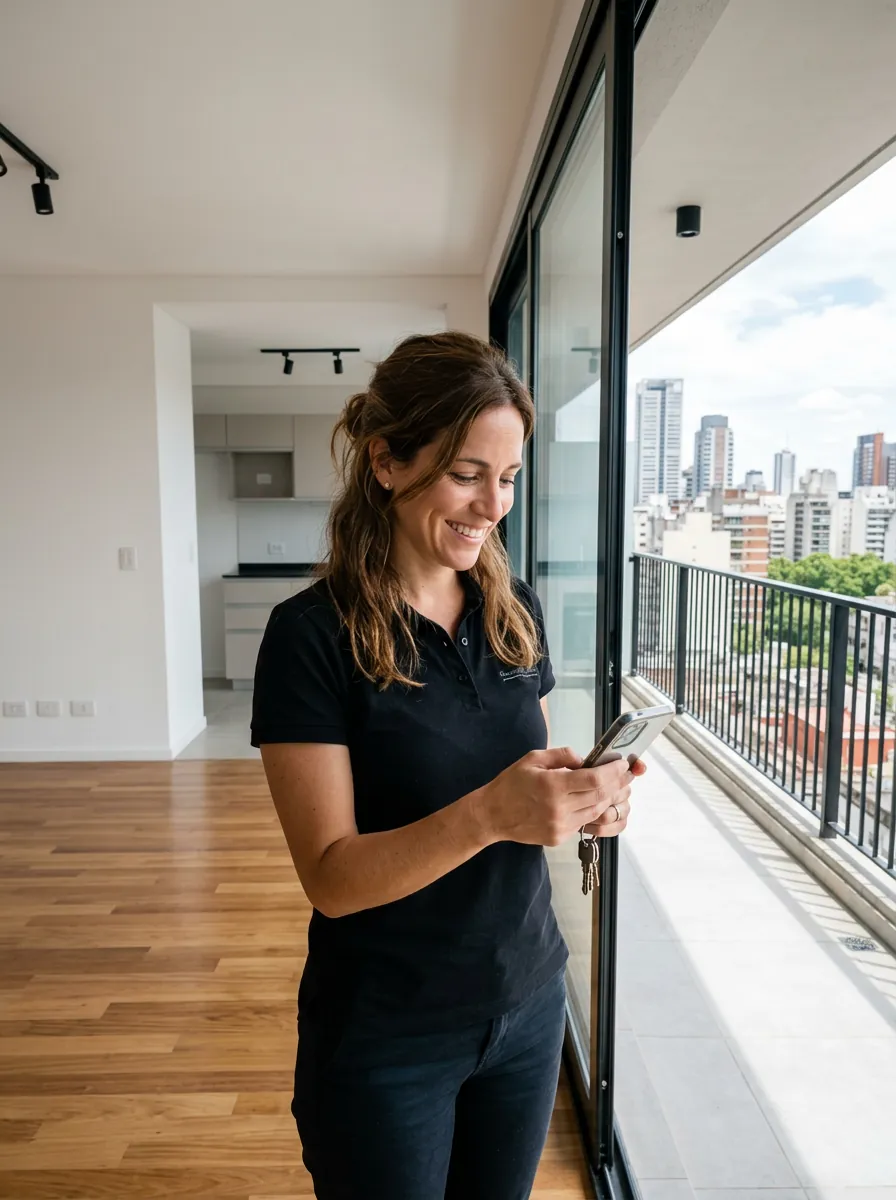 Asesora inmobiliaria revisando su celular en un departamento luminoso