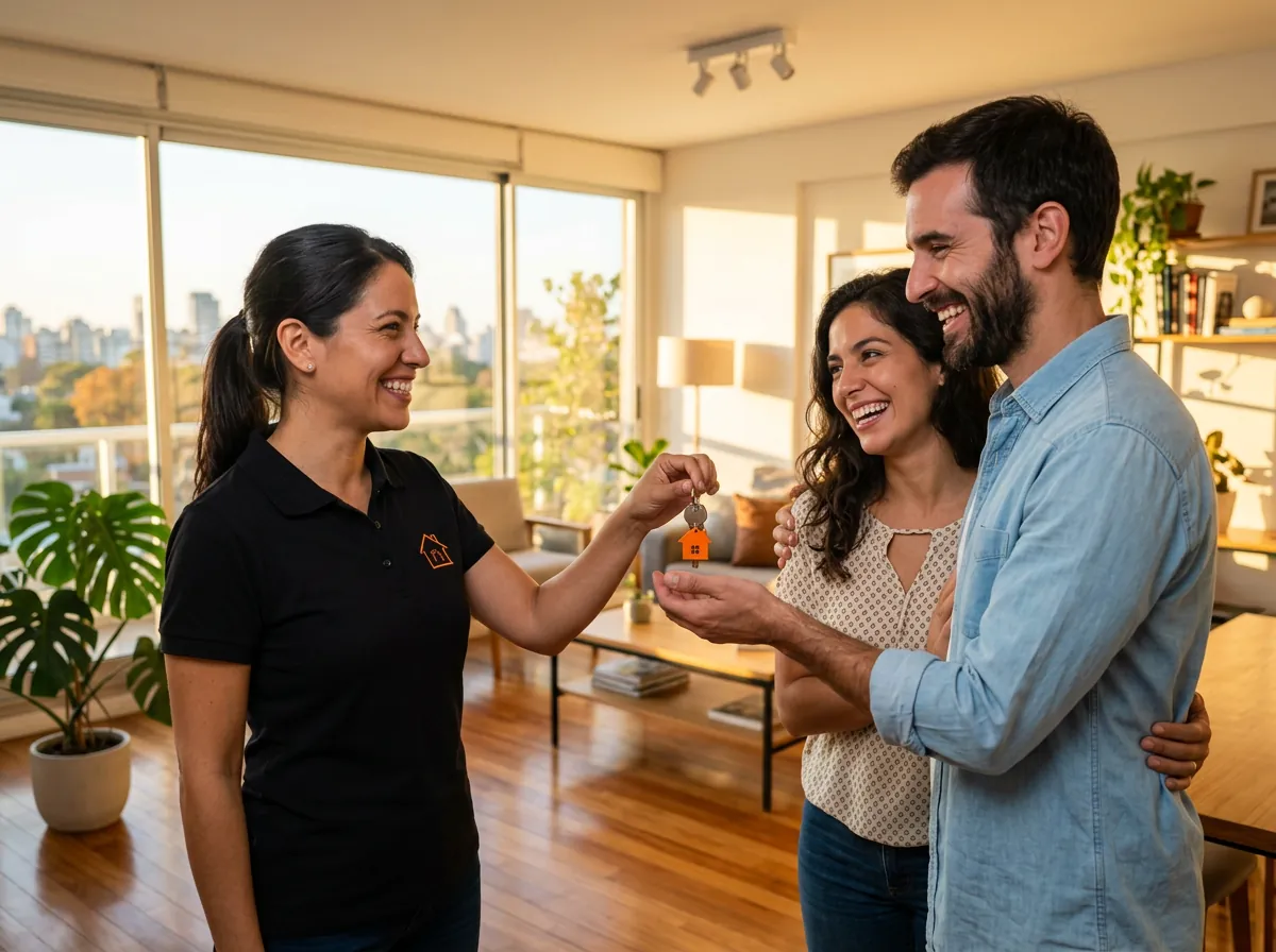 Asesora inmobiliaria entregando las llaves de un departamento a una pareja